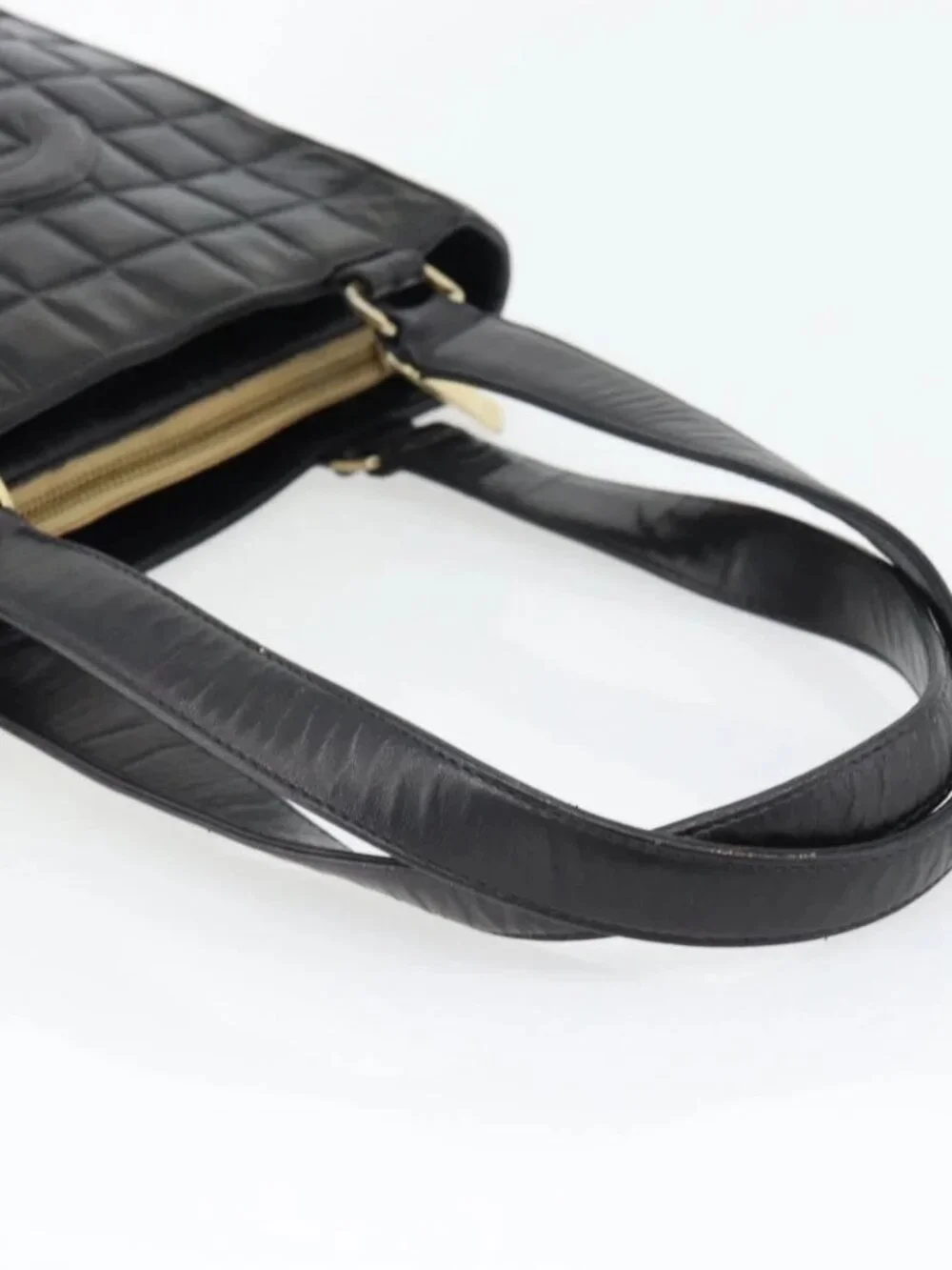 CHANEL Choco Bar Hand Bag Leather Black Gold CC Auth bs35341